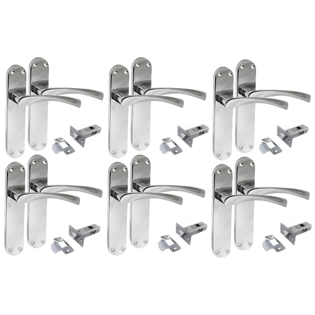 Polished Chrome Twist Door Handle Set,Interior Latch Lever on Long Back Plate with Tubular Latch (6 Pair of Handles + Tubular Latch)