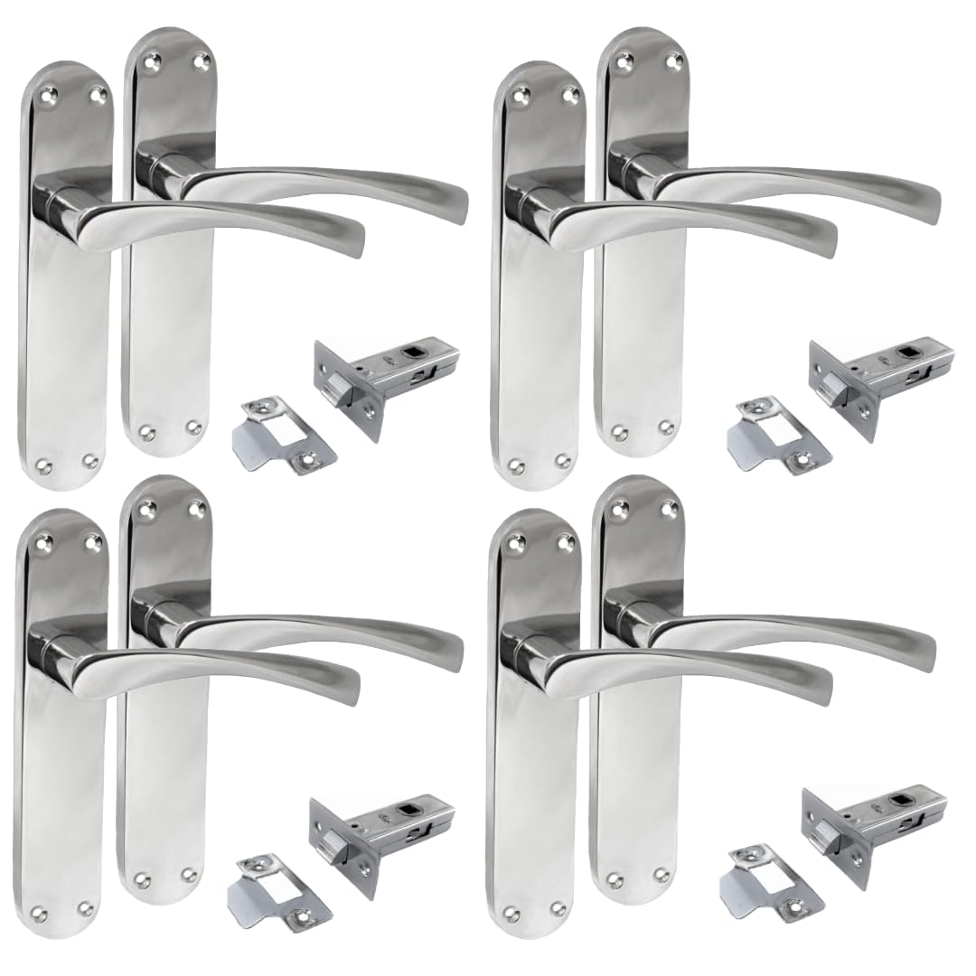 Polished Chrome Twist Door Handle Set,Interior Latch Lever on Long Back Plate with Tubular Latch (4 Pair of Handles + Tubular Latch)