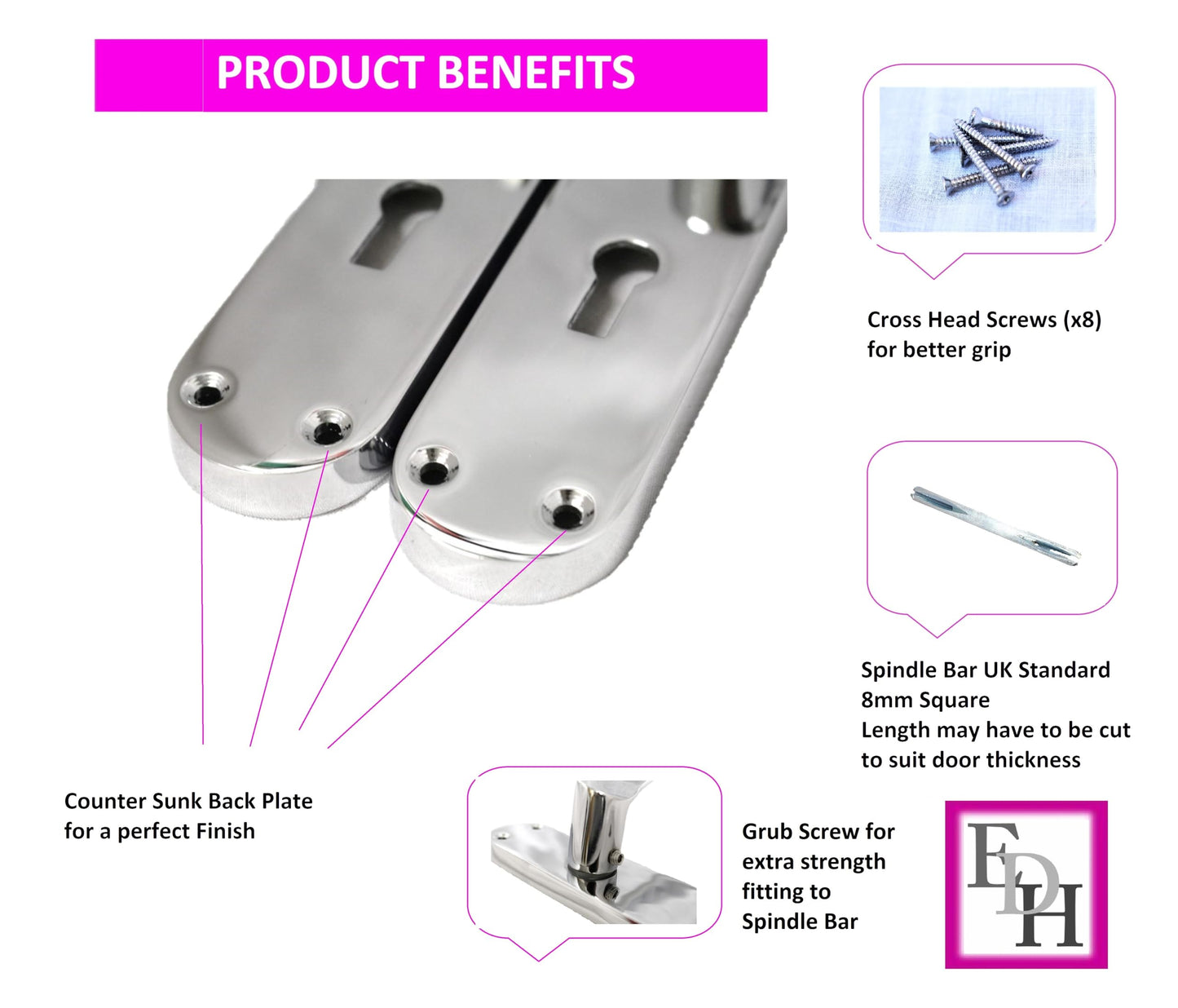 Polished Chrome Twist Door Handle Set,Interior Latch Lever on Long Back Plate with Sash Lock 2 Sets, Door Latch Chrome, Door Handle Latch, Privacy Lockable Handle for Bathroom, Bedroom, Front Door