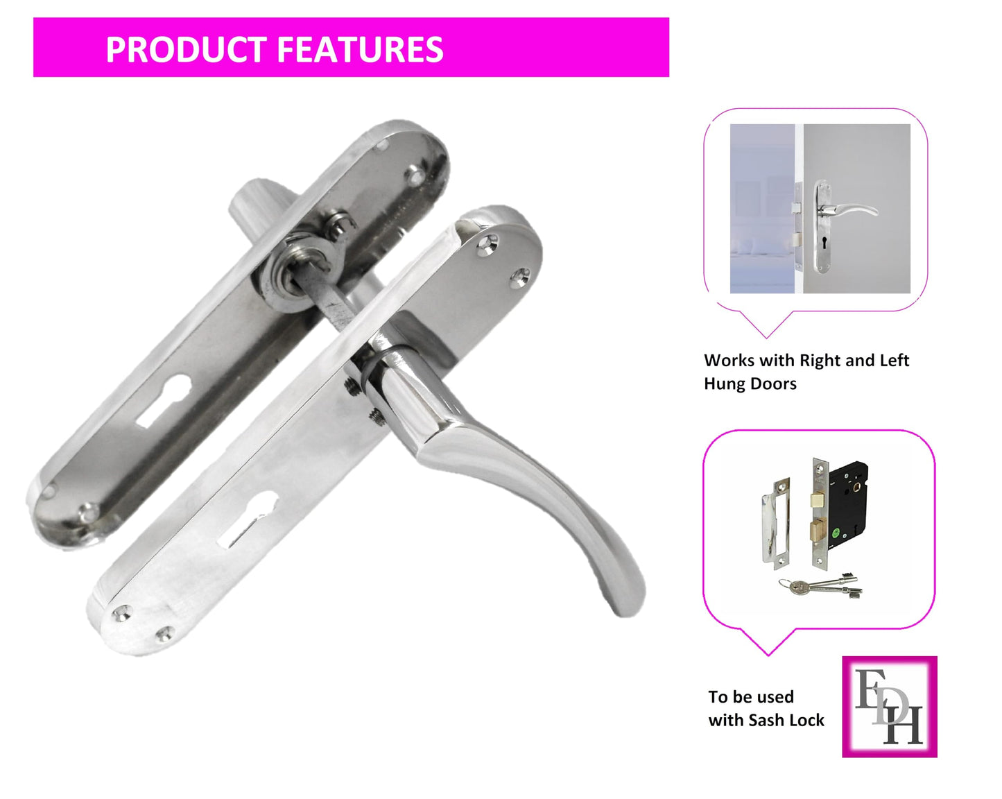 Polished Chrome Twist Door Handle Set,Interior Latch Lever on Long Back Plate with Sash Lock 2 Sets, Door Latch Chrome, Door Handle Latch, Privacy Lockable Handle for Bathroom, Bedroom, Front Door