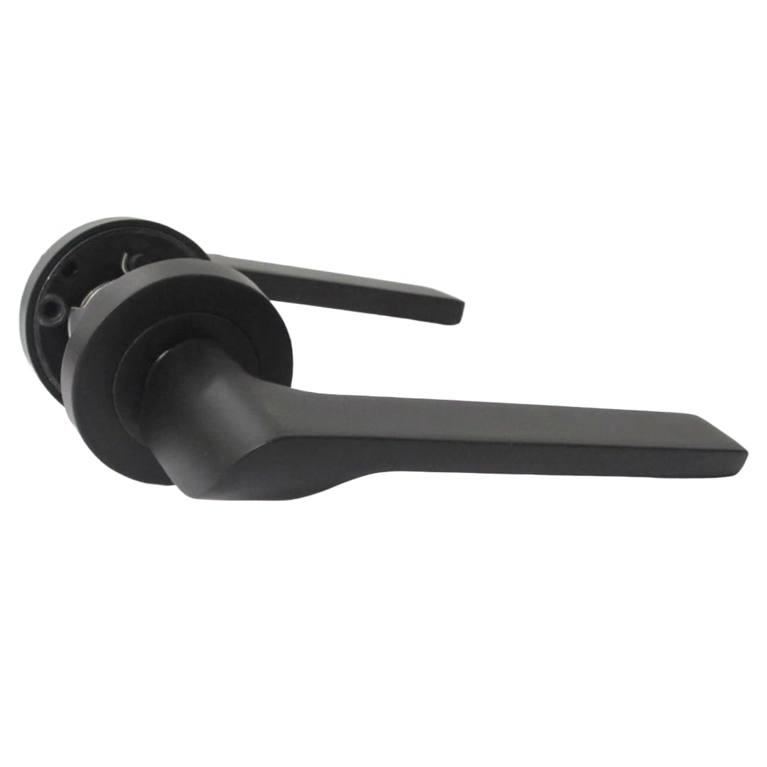 Modern Matt Black Lever on Rose Plate Door Handle Set with Tubular Latch – 1 Pairs, 52mm Round Rose Plate & 127mm Lever Handle – Contemporary Interior Door Hardware