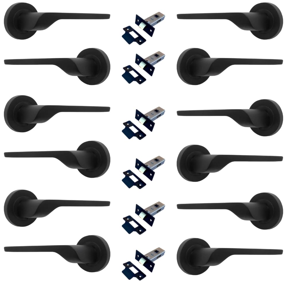 Modern Matt Black Lever on Rose Plate Door Handle Set with Tubular Latch – 6 Pairs, 52mm Round Rose Plate & 127mm Lever Handle – Contemporary Interior Door Hardware