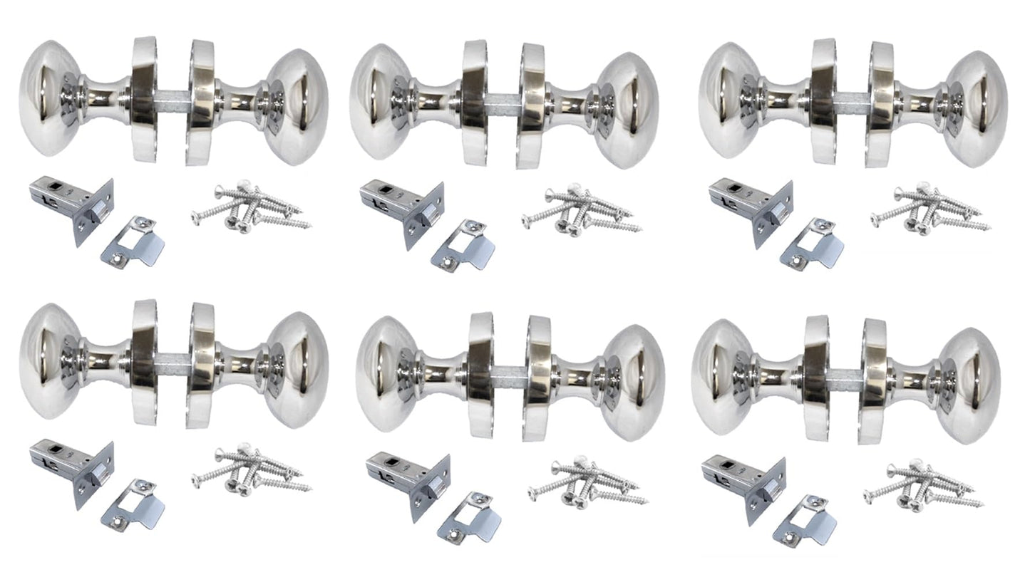 Polished Chrome Round Door Knob Set Including Tubular Latch - Victorian Style Sprung Internal & External Door Knobs for Mortice Locks & Tubular latches (6 Pair of KNOBS + Tubular Latch)