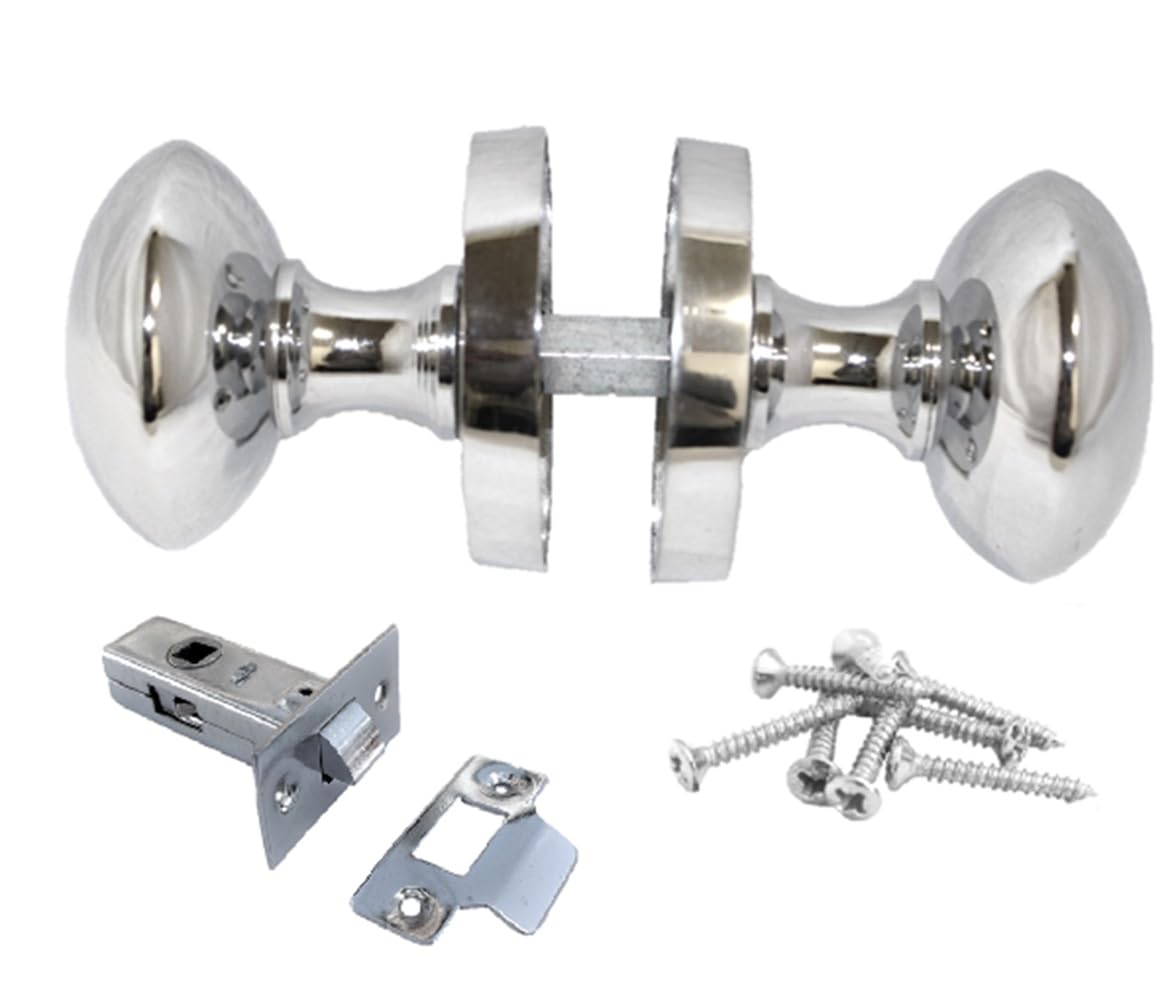 Polished Chrome Round Door Knob Set Including Tubular Latch - Victorian Style Sprung Internal & External Door Knobs for Mortice Locks & Tubular latches (1 Pair of KNOBS + Tubular Latch)