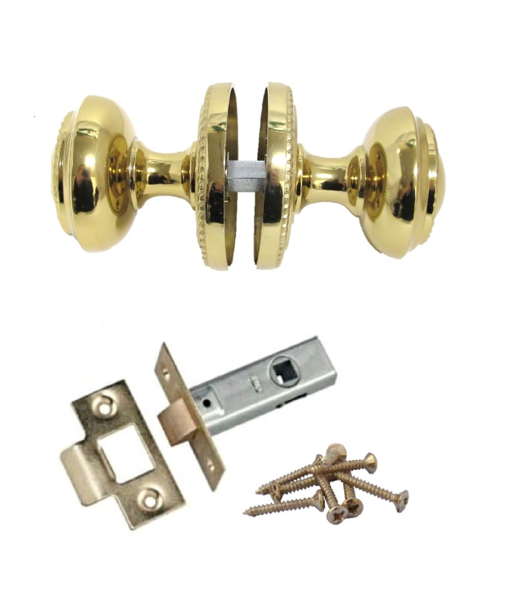 Brass Plated Round Door Knob Set Including Tubular Latch - Georgian Style Sprung Internal & External Door Knobs for Mortice Locks & Tubular latches. Sets 1