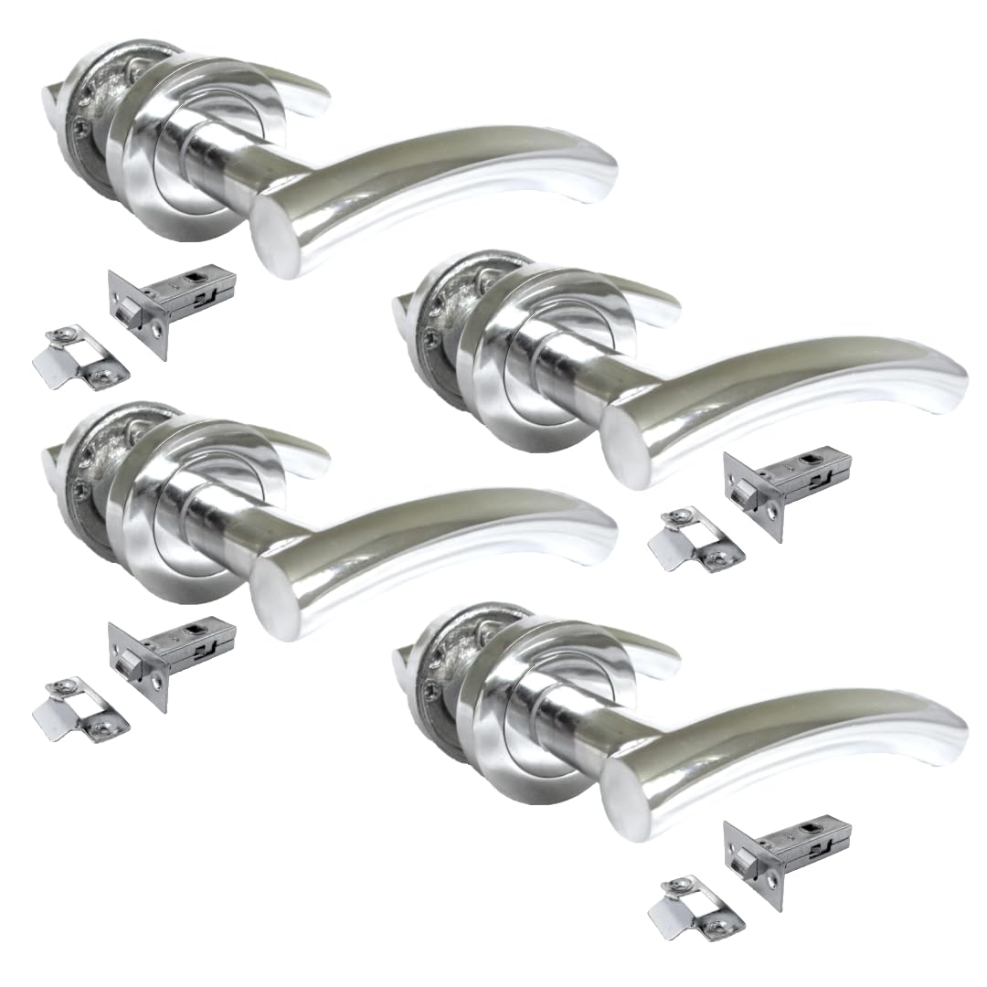 Arched T Bar Internal Latch, Essential Sets for Internal, Featuring Polished Chrome Finish, Door Latch Compatibility for Home & Office (4 Pair of Handles + Tubular Latch)