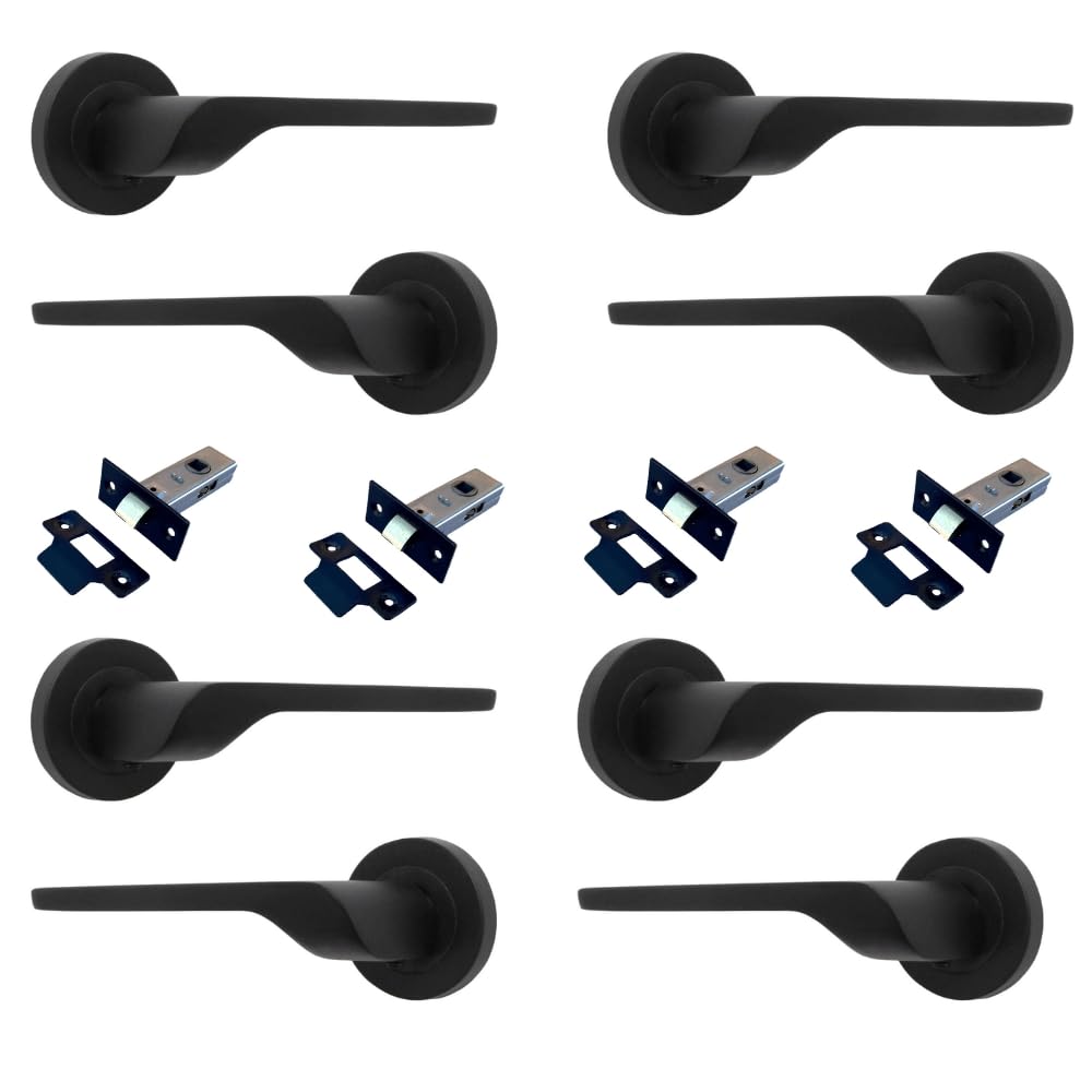 Modern Matt Black Lever on Rose Plate Door Handle Set with Tubular Latch – Contemporary Interior Door Hardware -4 Pairs