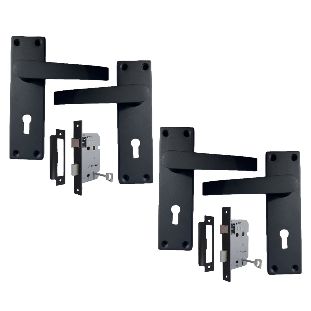 Matt Black Door Handles Victorian Straight Lock Handles and Sash Lock 2 Pairs