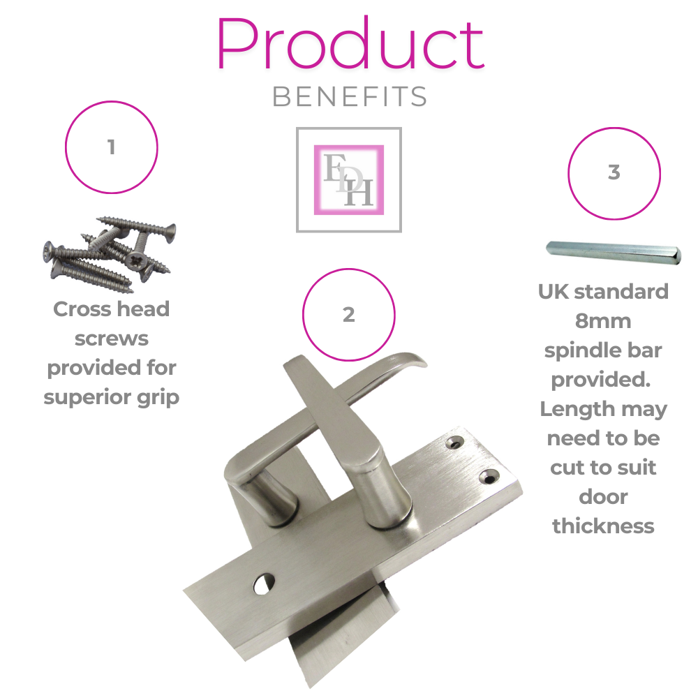 Victorian Straight Satin Nickel Interior Bathroom Door Handles + Bath Sash Lock, 2 Pairs