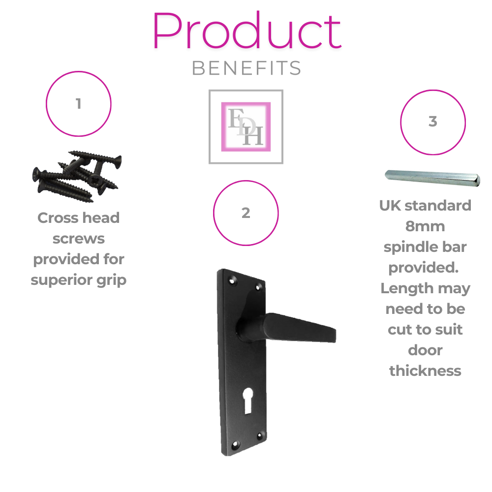 Matt Black Door Handles - Victorian Straight Lock Handles, Backplate 150x42mm