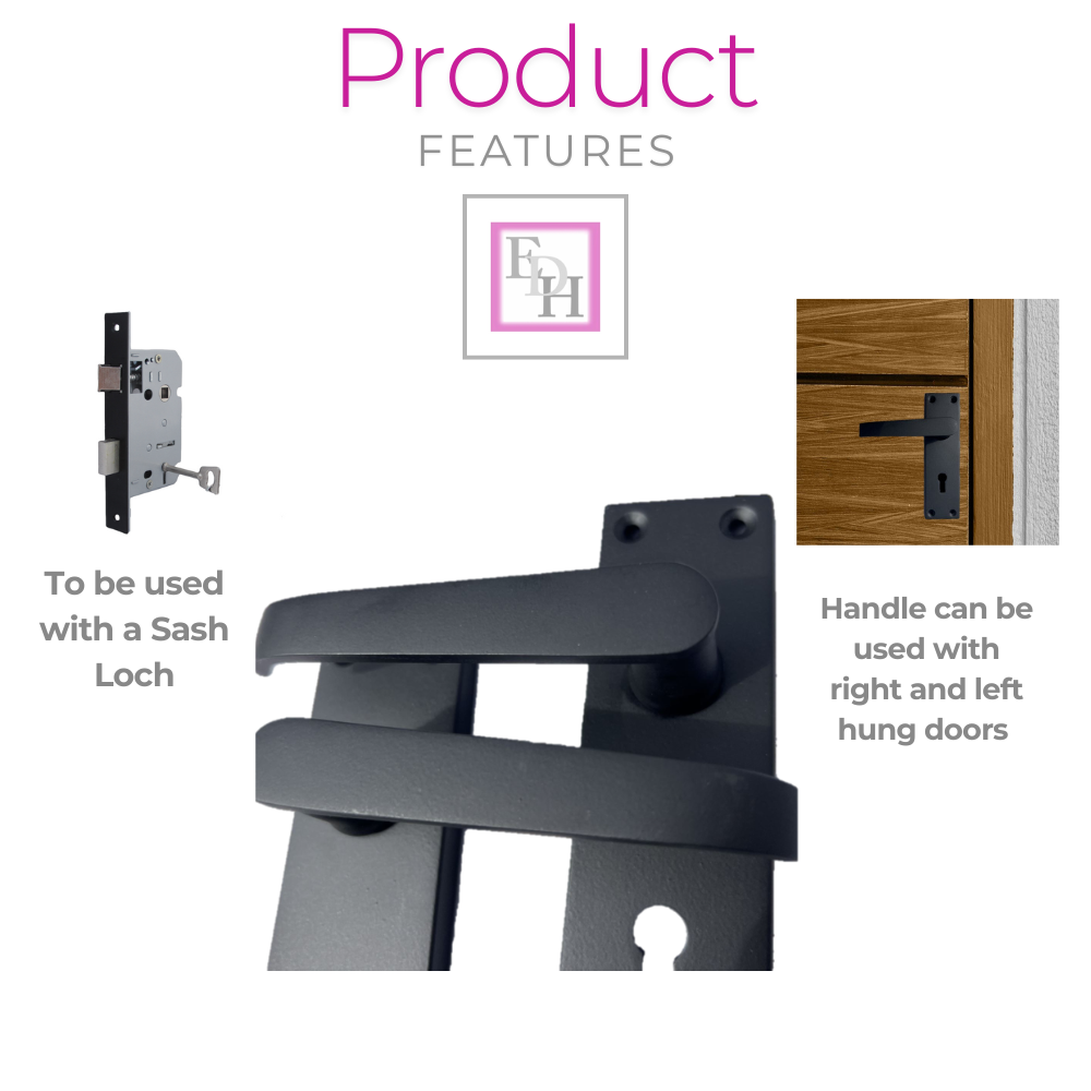 Matt Black Door Handles - Victorian Straight Lock Handles, Backplate 150x42mm