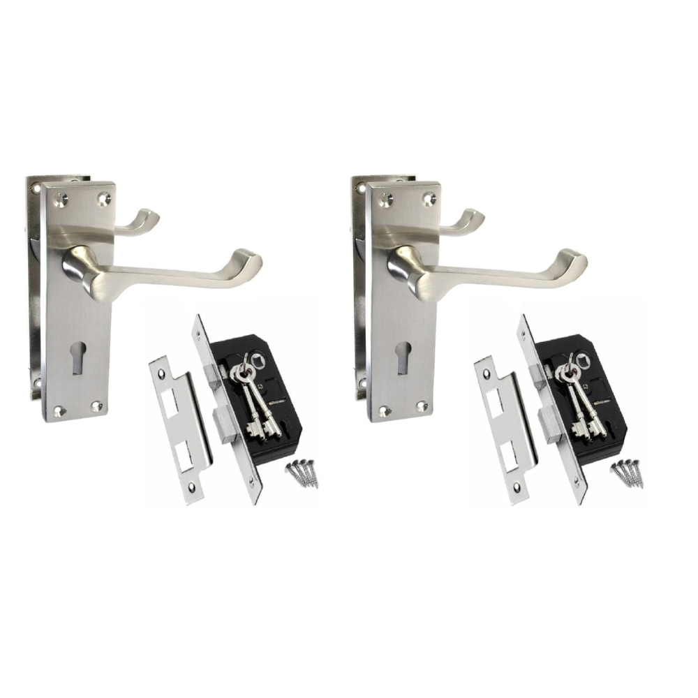 Satin Nickel Victorian Scroll Lock Door Handles + 3 Lever Mortice Sash Lock Set, 2 Pairs