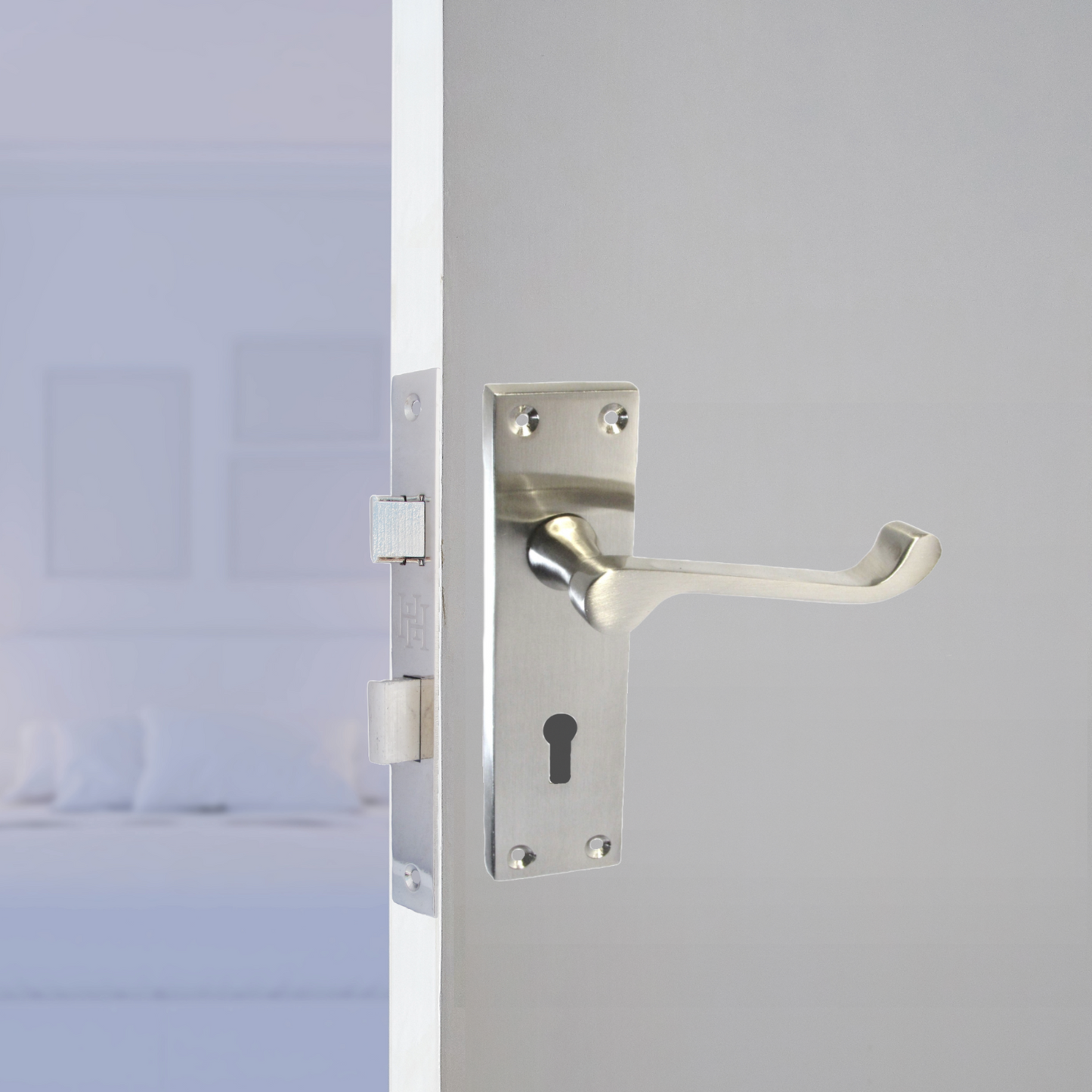 Satin Nickel Victorian Scroll Lock Door Handles + 3 Lever Mortice Sash Lock Set, 2 Pairs