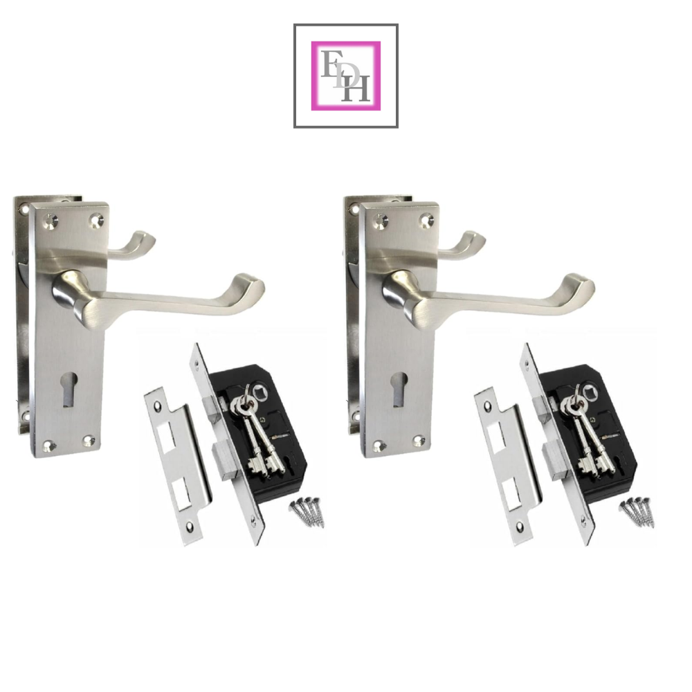 Satin Nickel Victorian Scroll Lock Door Handles + 3 Lever Mortice Sash Lock Set, 2 Pairs