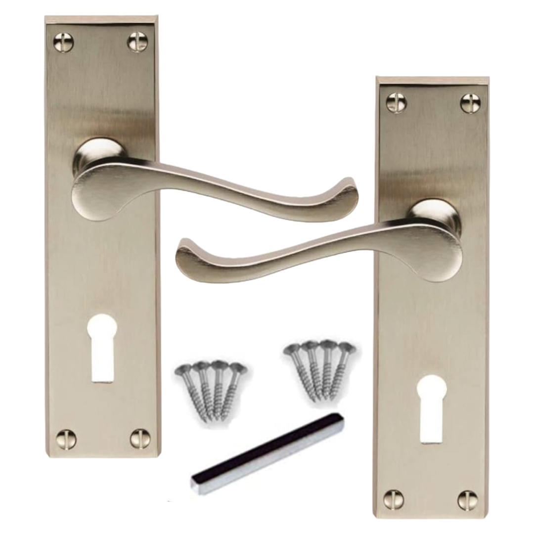 Satin Nickel Victorian Scroll Lock Door Handles + 3 Lever Mortice Sash Lock Set1