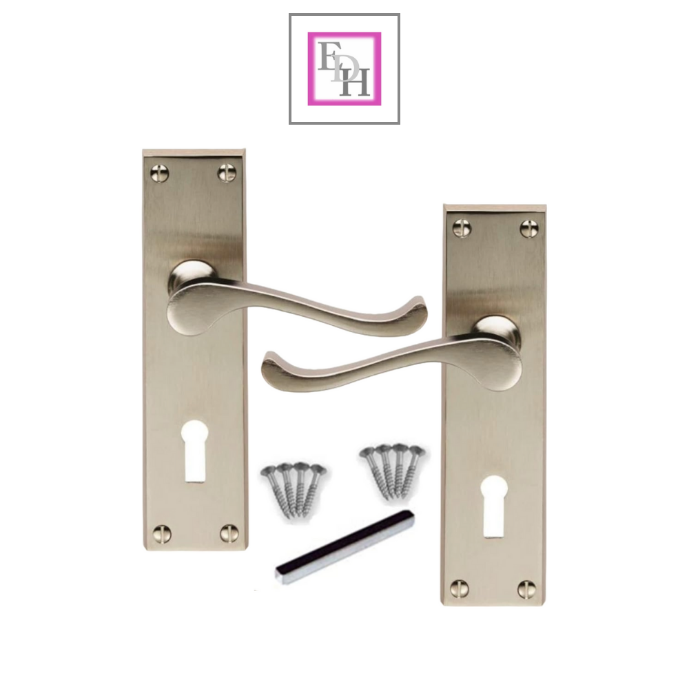 Satin Nickel Victorian Scroll Lock Door Handles + 3 Lever Mortice Sash Lock Set1