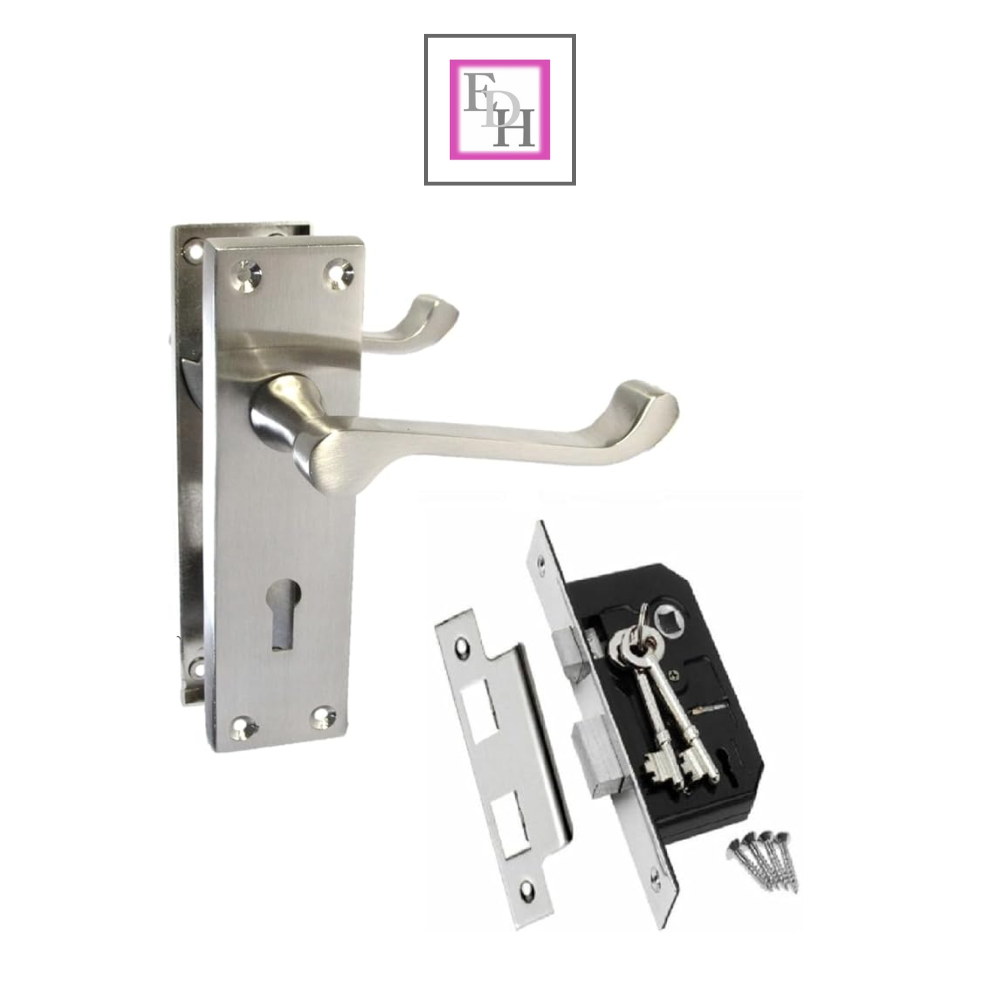 Satin Nickel Victorian Scroll Lock Door Handles + 3 Lever Mortice Sash Lock Set1