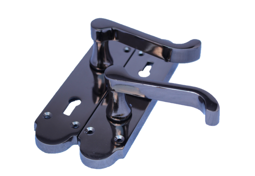 Black Nickel Epsom Victorian Scroll on Shaped Back Plate Lock Door Handle 1 Pair