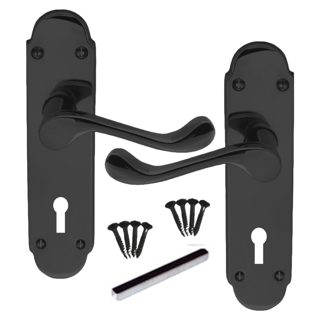 Black Nickel Epsom Victorian Scroll on Shaped Back Plate Lock Door Handle 1 Pair