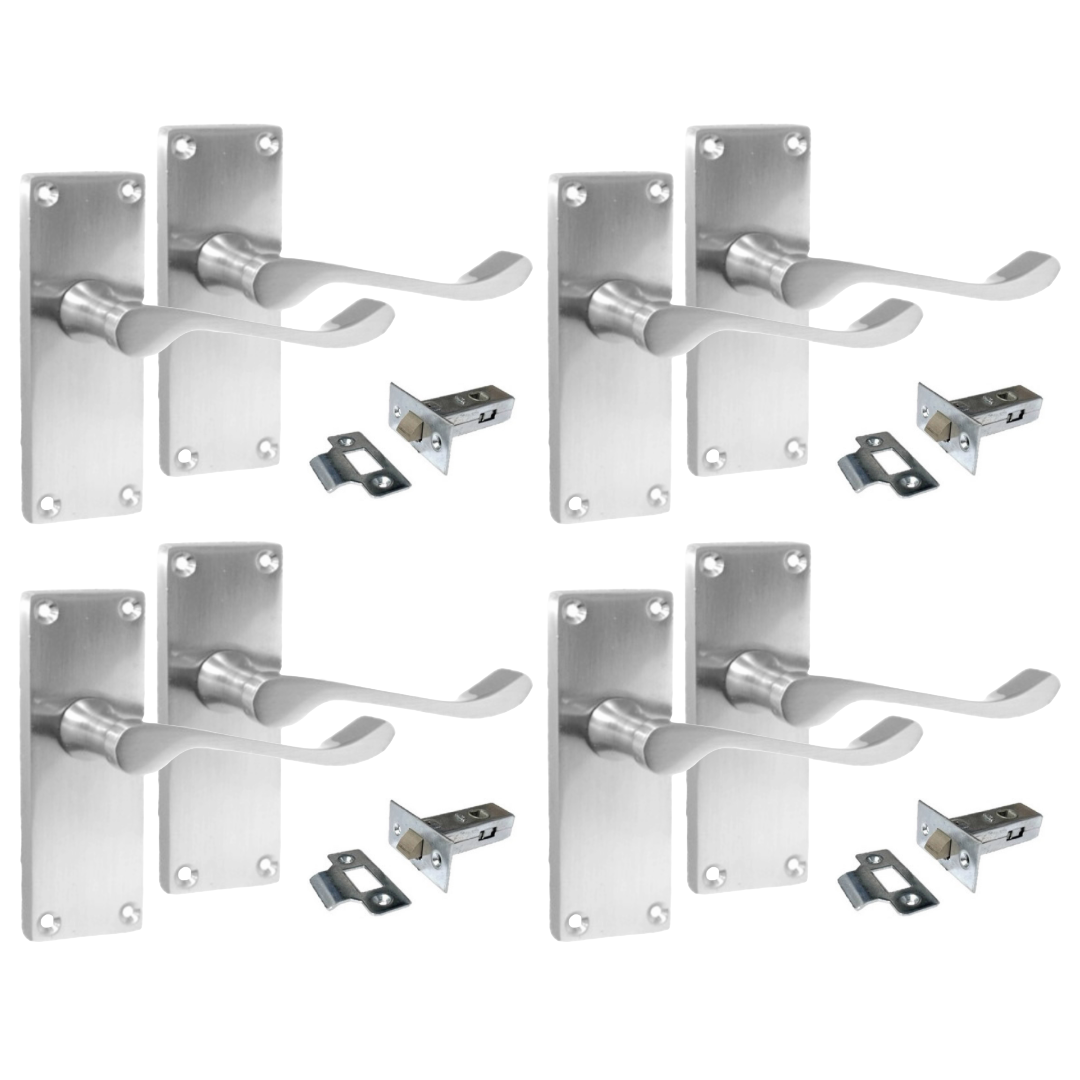 Satin Chrome Victorian Scroll lever Latch Modern Door Handles, 4 Pairs + Tubular Latch