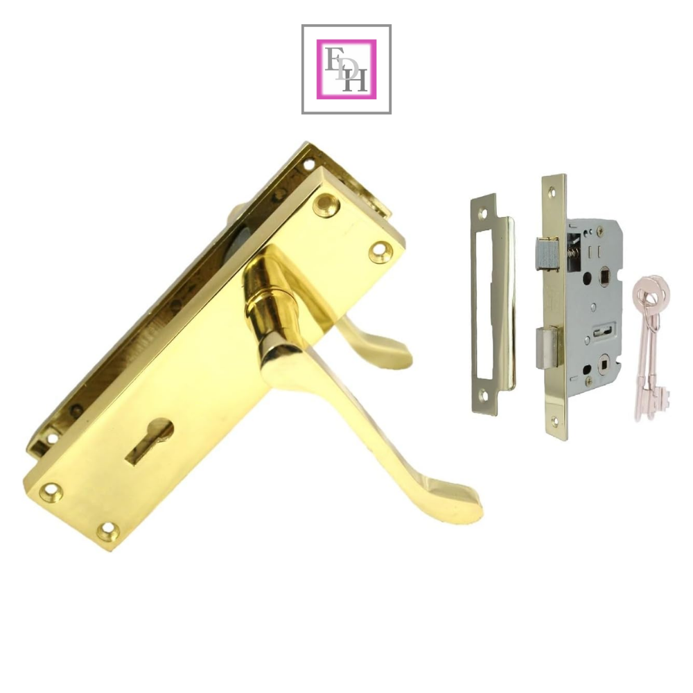 Lock Door Handles Modern Brass Victorian Scroll Door Handle &3 Lever Sash Lock.