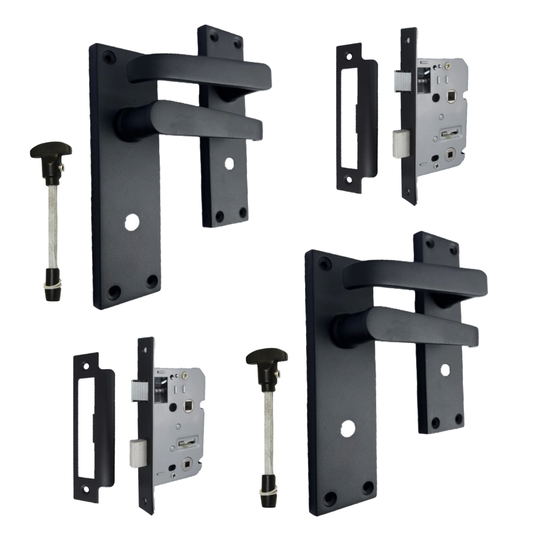 Victorian Straight Matt Black Bathroom Interior Door Handles + Bathroom Sash Lock 2 Pairs