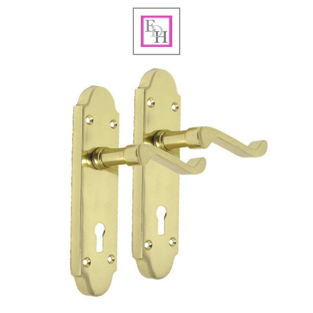 Brass Finish Epsom Victoria Scroll Lock Door Handles On Back Plate & Sash Lock