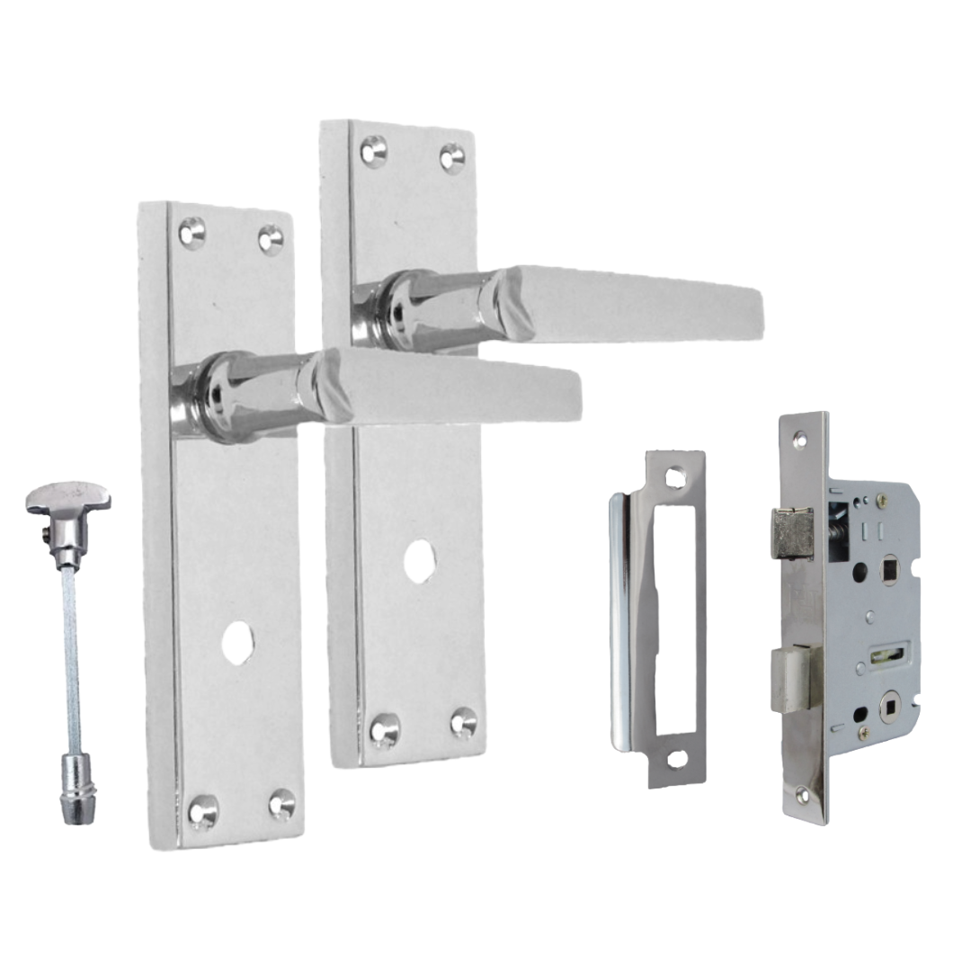 Victorian Straight Chrome Bathroom Interior Door Handles+3 Lever Mortise Lockx2.