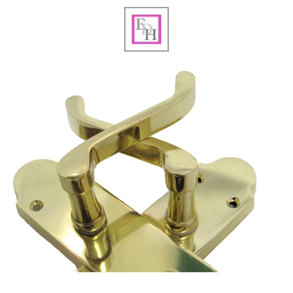 Brass Finish Epsom Victorian Scroll Lock Door Handle on Shaped Back Plate +