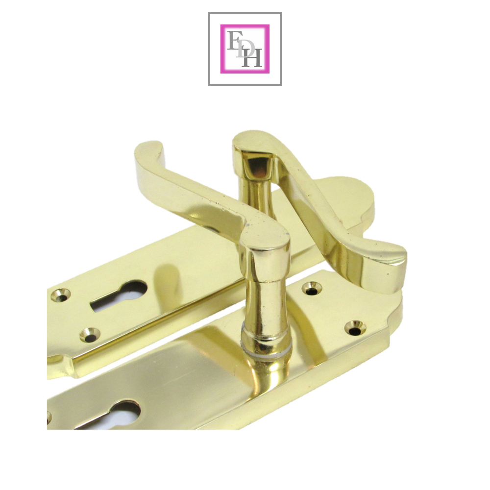 Brass Finish Epsom Victorian Scroll Lock Door Handle on Shaped Back Plate +