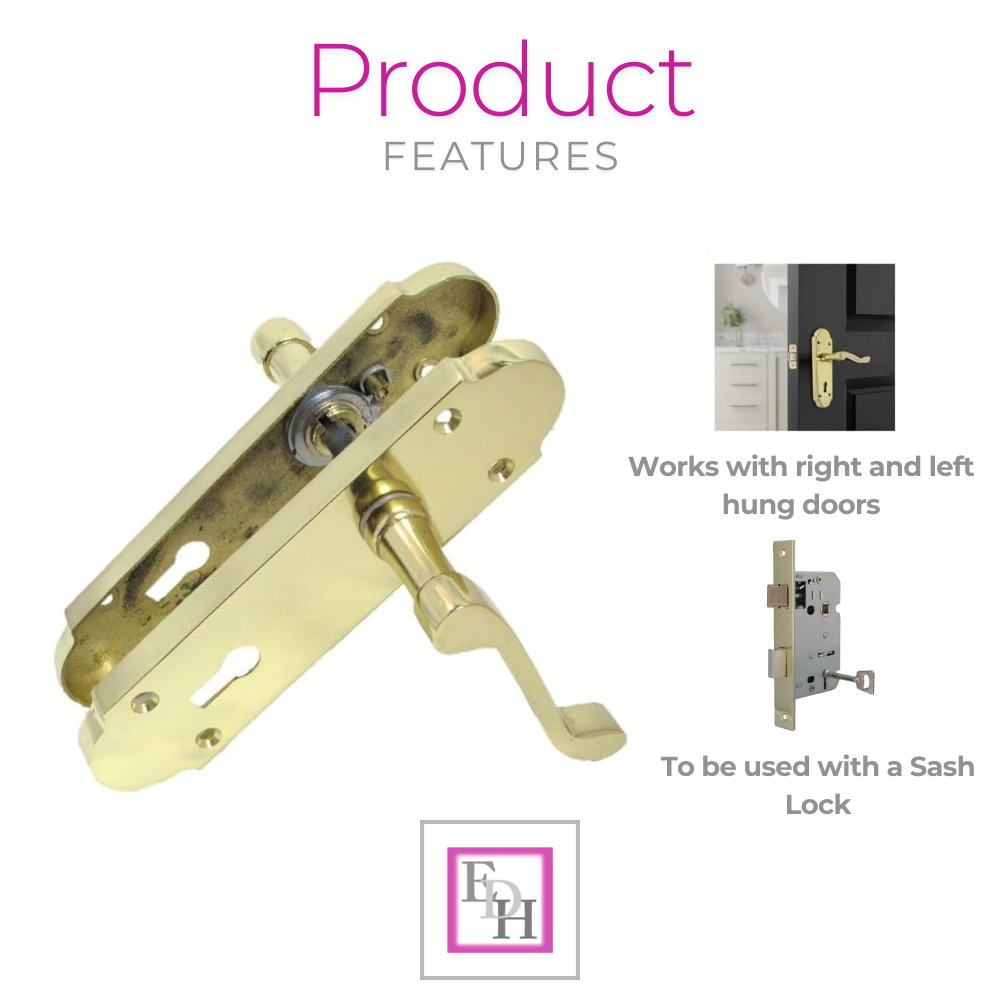 Brass Finish Epsom Victorian Scroll Lock Door Handle on Shaped Back Plate +
