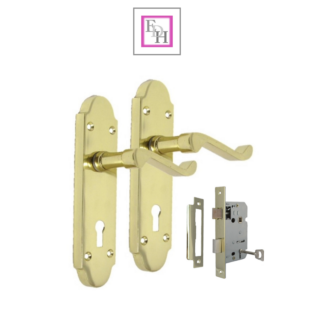 Brass Finish Epsom Victorian Scroll Lock Door Handle on Shaped Back Plate +
