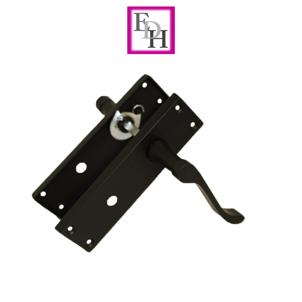 Matt Black Modern Victorian Scroll Bathroom Door Handles and Bath Lock 1 Pair