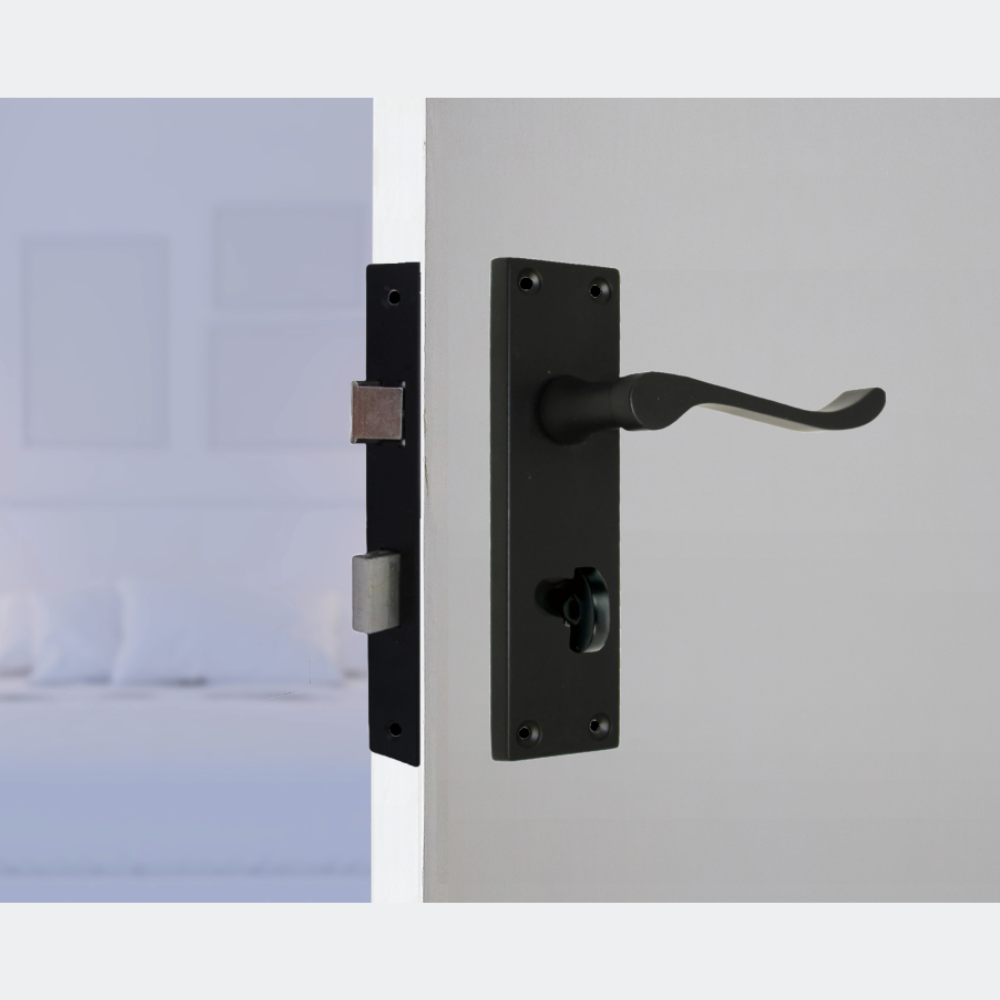 Matt Black Modern Victorian Scroll Bathroom Door Handles and Bath Lock 2 Pairs