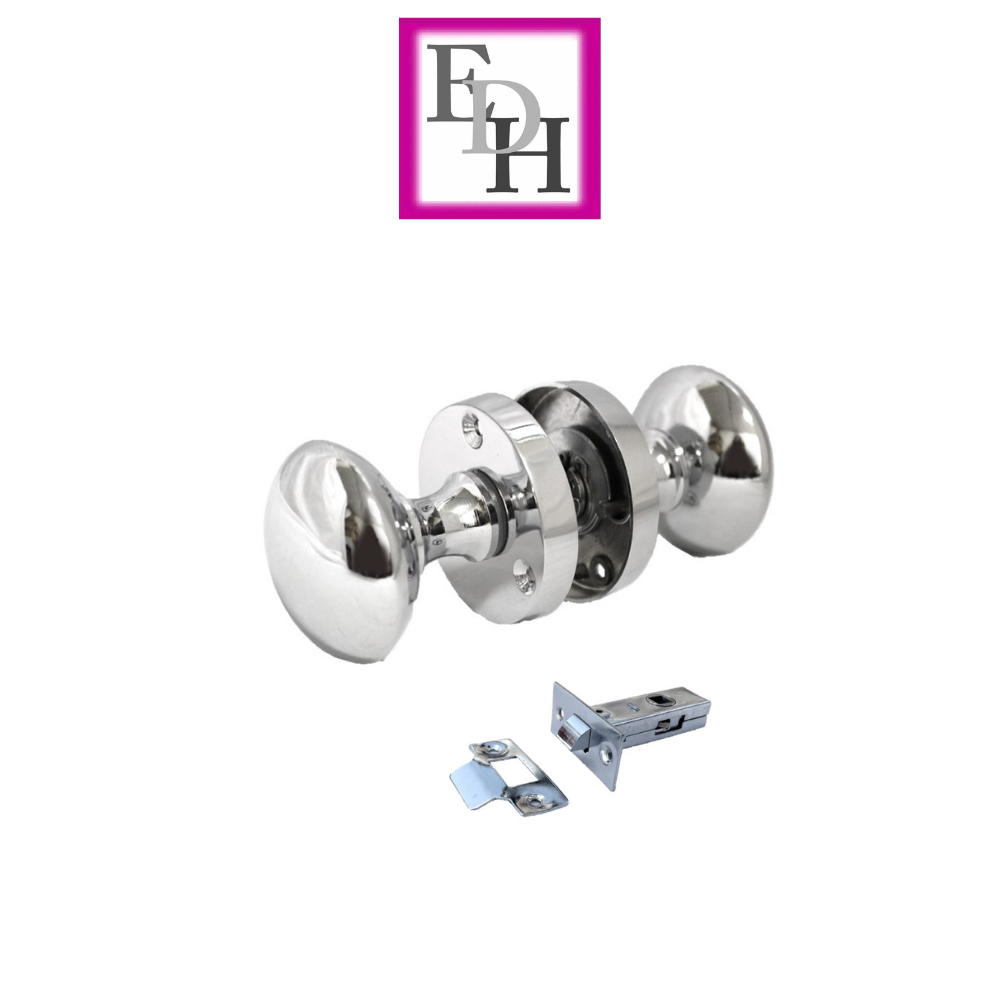 Polished Chrome Round Door Knob Set Including Tubular Latch - Victorian Style