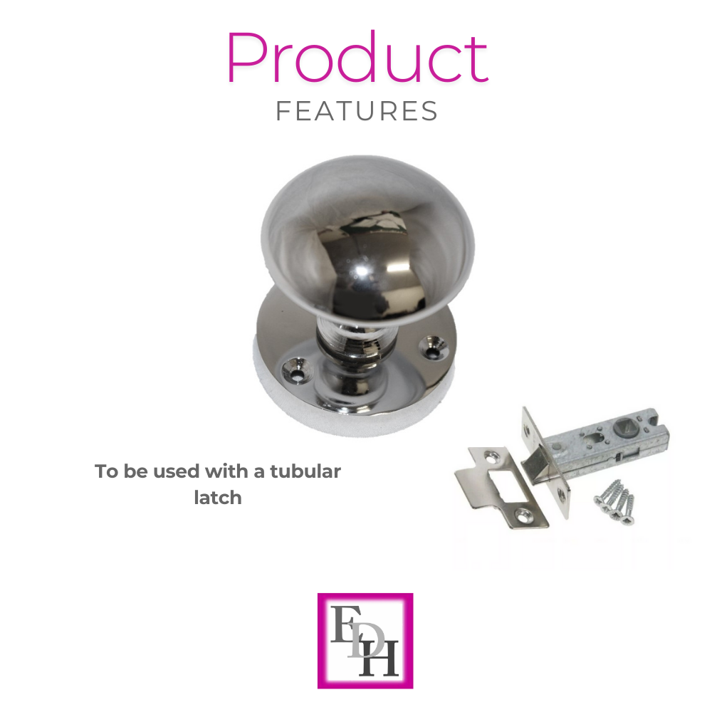 Polished Chrome Round Door Knob Set Including Tubular Latch - Victorian Style