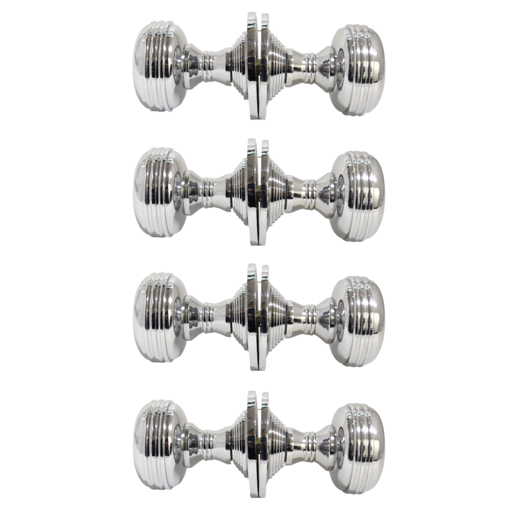 Chrome Polished Round Door Knob Set – Heavy Reeded Style Sprung Handles 4 Pairs