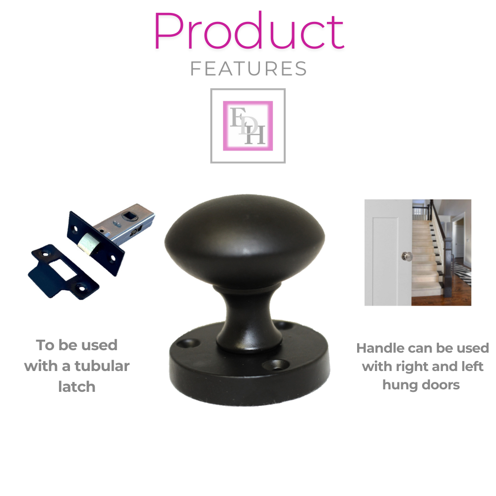 Matt Black Round Door Knob Set Including Tubular Latch - Modern Victorian Style1