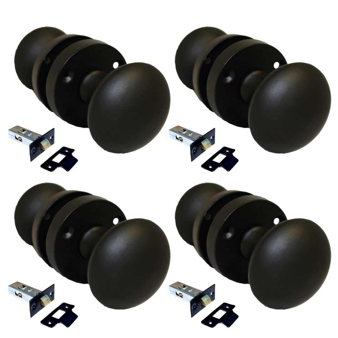 Matt Black Round Door Knob Set Including Tubular Latch - Modern Victorian Style4