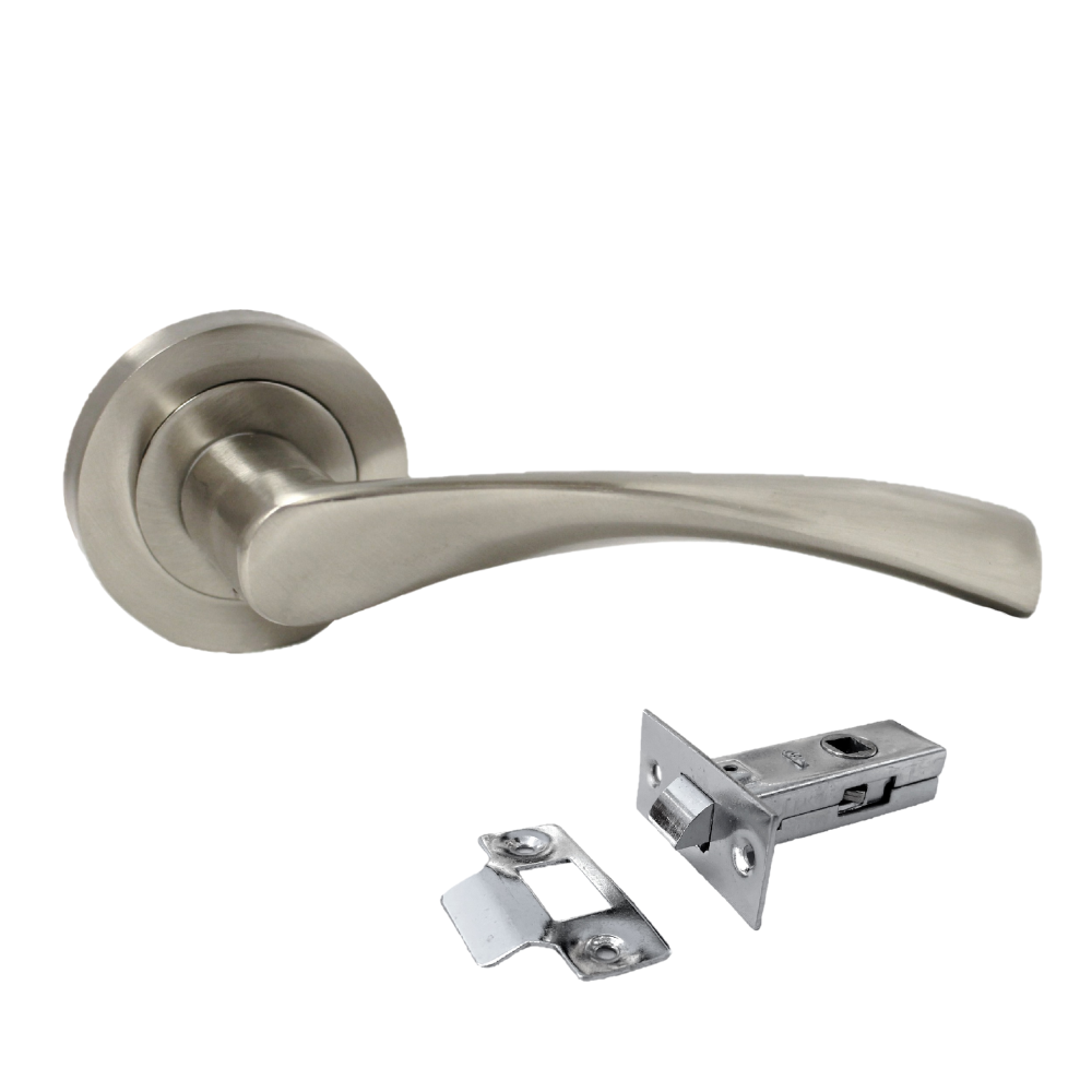 Satin Nickel Twist Door Handles + Latches Set Internal Lever on Rose 1 Pair
