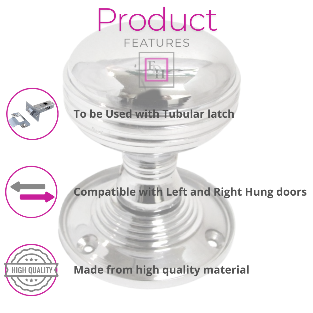 Polished Chrome Reeded Door Knobs + Latch Set Sprung Handles 1 Pair