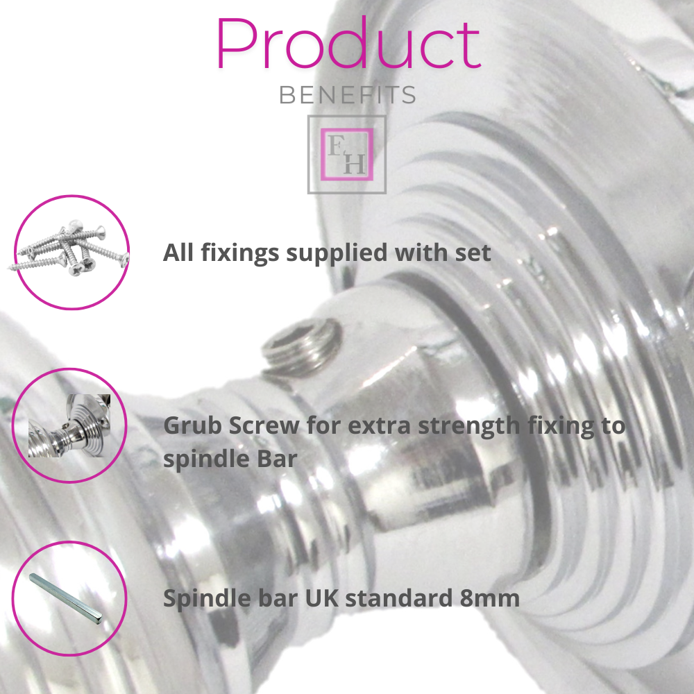 Polished Chrome Reeded Door Knobs + Latch Set Sprung Handles 1 Pair
