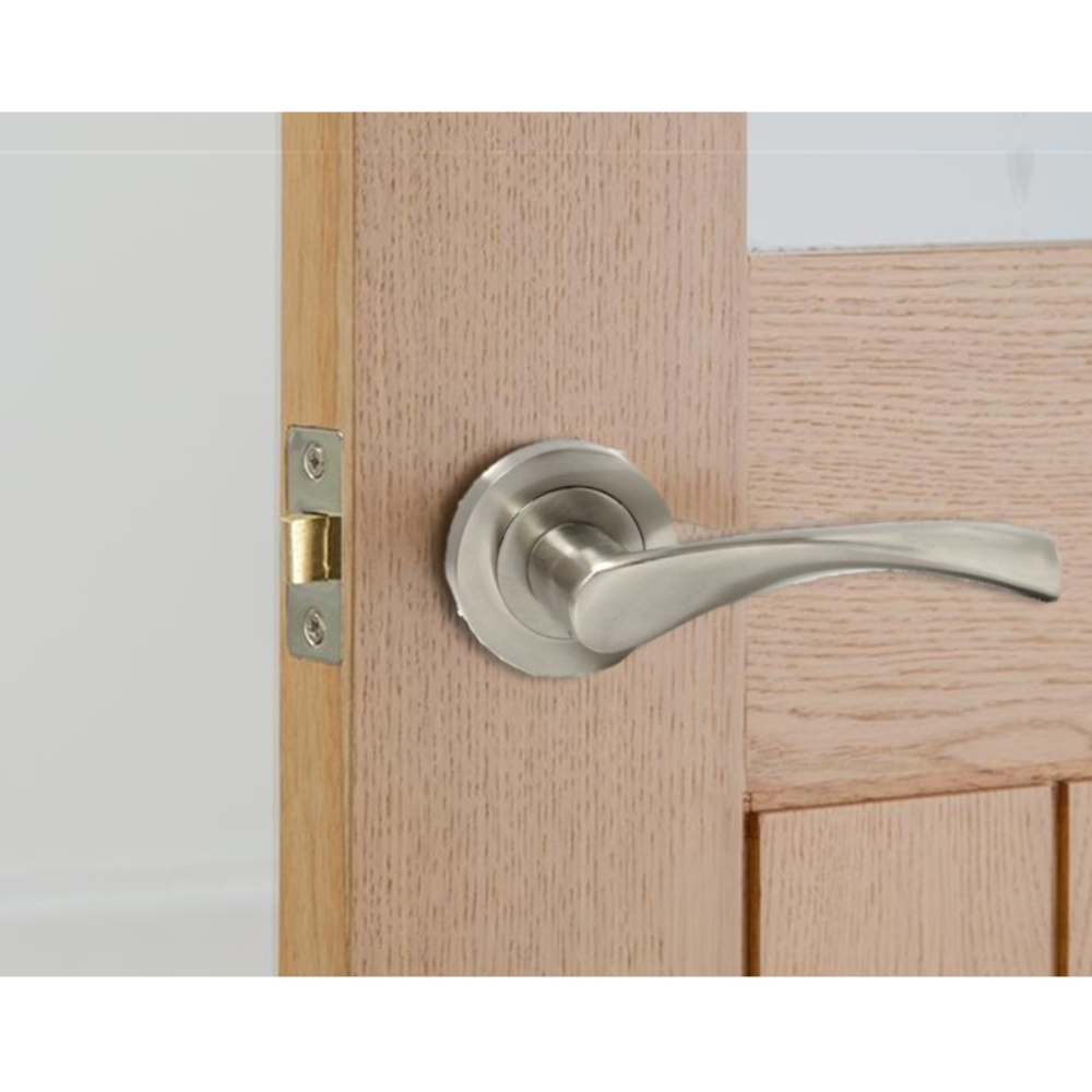 Satin Nickel Twist Door Handles + Latches Set Internal Lever on Rose 1 Pair