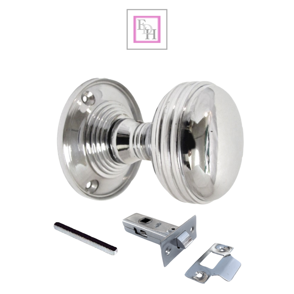 Polished Chrome Reeded Door Knobs + Latch Set Sprung Handles 1 Pair