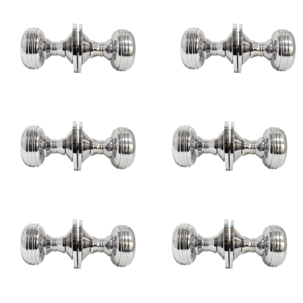 Chrome Polished Round Door Knob Set – Heavy Reeded Style Sprung Handles 6 Pairs