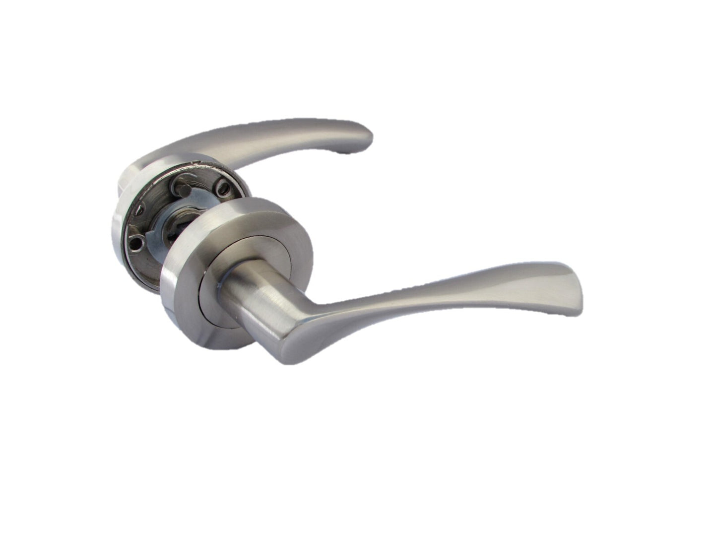 Satin Nickel Twist Door Handles + Latches Set Internal Lever on Rose 1 Pair