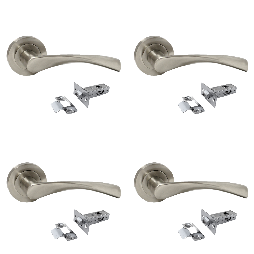 4 Pairs Satin Nickel Twist Door Handles + Latches Set Internal Lever on Rose