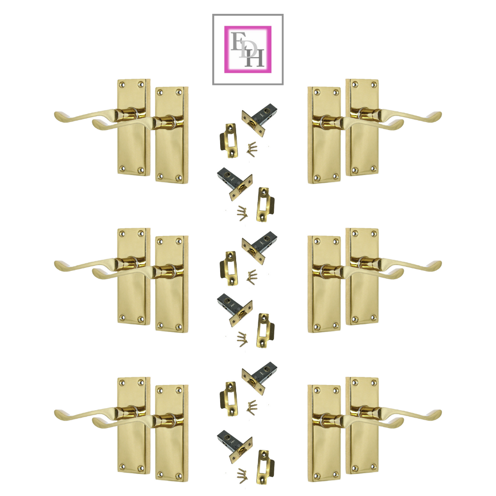 Door Handles Brass Plated Victorian Scroll Lever Latch Modern Door Handles + x6