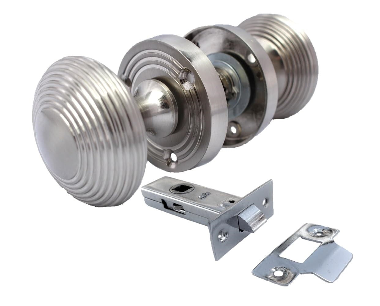 Satin Nickel Round Door Knobs- Reeded Internal Handles for Mortice Locks + Latch