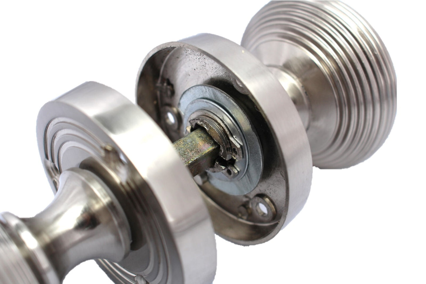 Satin Nickel Round Door Knobs- Reeded Internal Handles for Mortice Locks